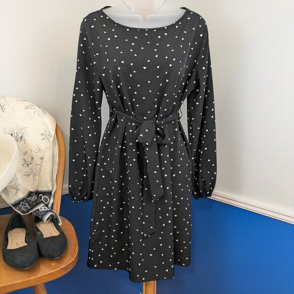 SHEIN Black with White Hearts Belted Shift Dress - Picture 1 of 9